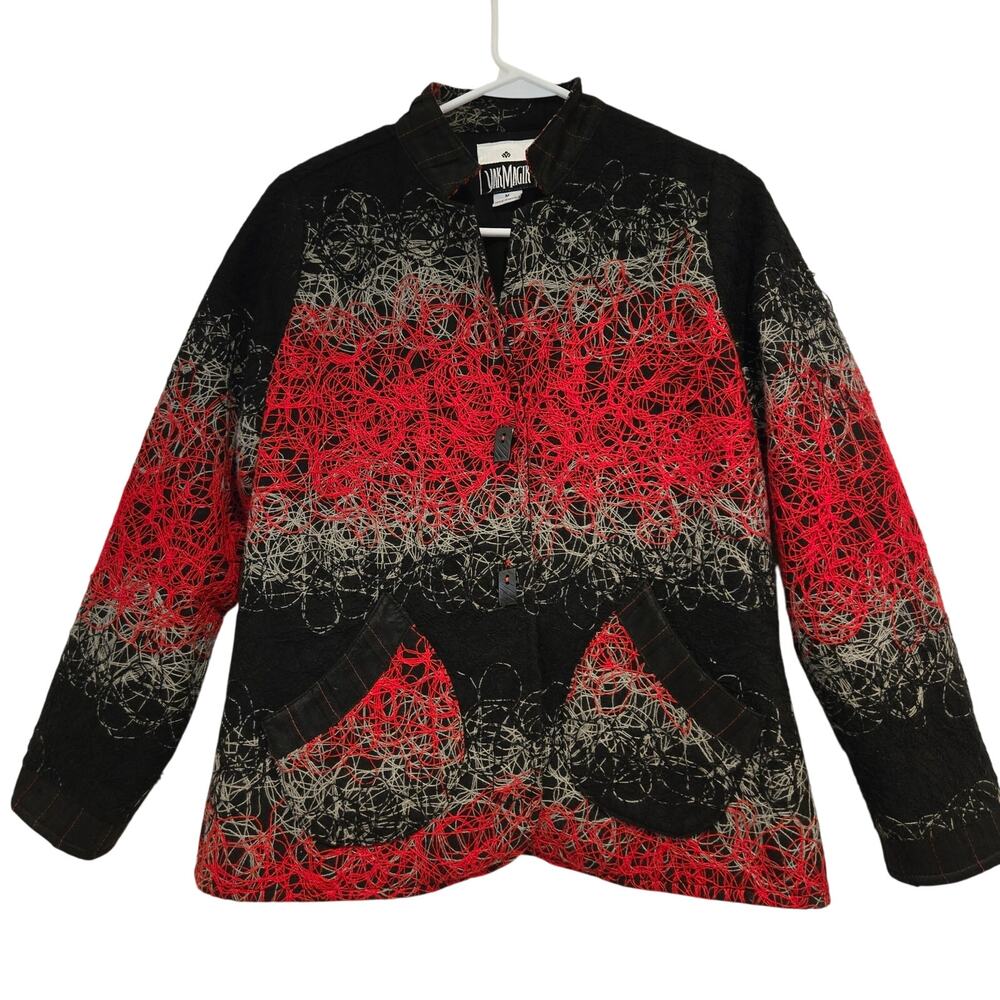 Yak Magik Black Wool Blend Art-to-Wear Red Gray String Print Jacket, Size M